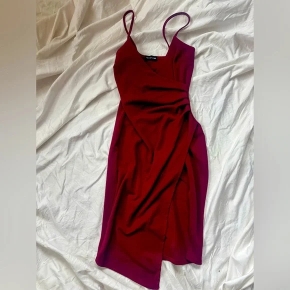 PrettyLittleThing | Dresses | Burgundy Red Ruched Thigh High Slit Spaghetti  Strap Dress | Poshmark